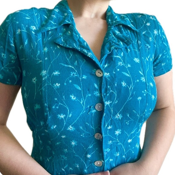 Vintage Coldwater Creek Blue Floral Print Collared Button Up Sundress Midi Dress - Picture 4 of 12